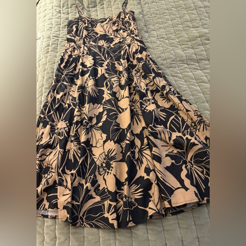 Easy warm weather midi dress in black/tan print. Fitted bodice with full skirt.